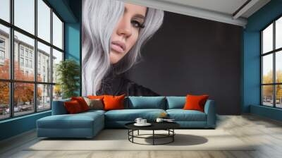 Stylish girl with healthy long grey hair outdoor Wall mural