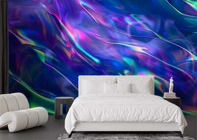 A colorful, holographic background shiny fabric with a rainbow pattern. The colors are bright and vibrant, creating a sense of energy and excitement. The fabric appears to be made of a shiny Wall mural