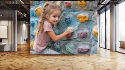 A happy toddler is having fun climbing a wall at the leisure center Wall mural