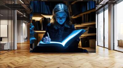 A young girl sits in a dimly lit library, deeply focused on writing in a large book while surrounded by shelves filled with books Wall mural