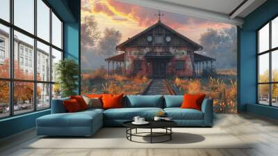 Abandoned rustic train station surrounded by autumn foliage at sunset, nostalgic ambiance with colorful sky and creeping nature Wall mural