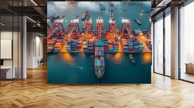 cargo ship and truck at seaport waiting for container dock by crane shipment harbor loading container import export commercial trade industry business logistic transportation international Wall mural