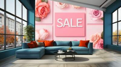 Colorful roses surrounding a pink sign announcing a sale on floral arrangements for spring events Wall mural