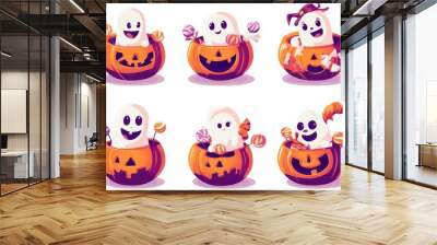 Cute cartoon ghosts enjoying Halloween festivities in pumpkin candy bowls filled with treats Wall mural