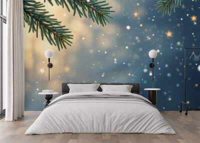 fir tree branches and golden stars on snowy blue background. Winter holidays template with copy space for greeting card, invitation, banner, poster. Merry Christmas and Happy New Year. Wall mural