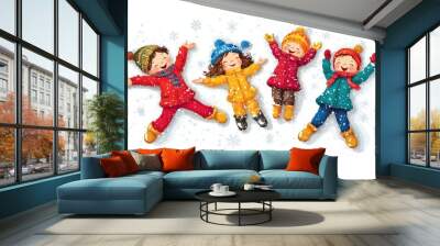 Four children joyfully playing in the snow, wearing colorful winter outfits and making snow angels Wall mural