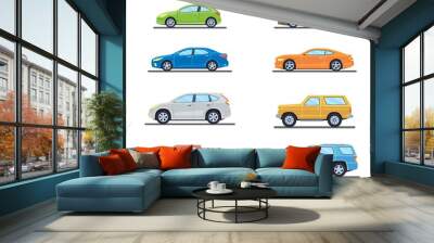 Set of personal cars. Set of automobiles in flat style. Sedan, sport coupe car, hatchback, offroad suv, pickup. Side view. Vector illustration. Wall mural