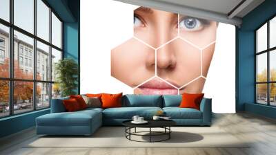 Beautiful female face in honeycombs. Spa concept. Wall mural