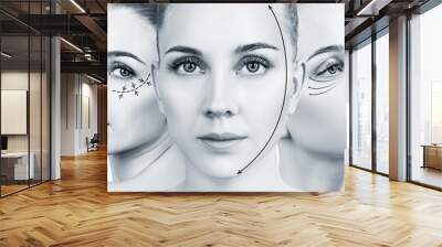 Collage of woman's faces with lifting arrows. Wall mural