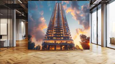 Modern skyscraper at sunset with towering structure, illuminated by warm lights and surrounded by soft clouds in the sky, evoking a sense of grandeur and modernity Wall mural