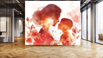 Mother and child silhouette enhanced by a watercolor floral backdrop in warm hues. Wall mural