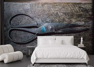 old scissors on wooden background Wall mural