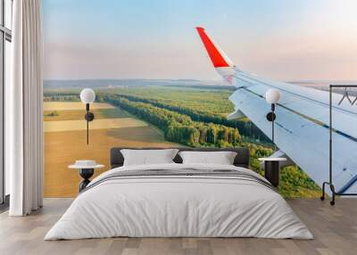 View of airplane wing, blue skies and green land during landing. Airplane window view. Wall mural