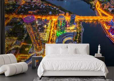 Yekaterinburg city and pond aerial panoramic view at summer or early autumn night. Night city in the early autumn or summer. Wall mural