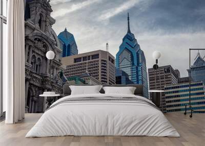 top view of philadelphia modern skyscrapers and historical building of city hall Wall mural