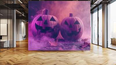 Two carved pumpkins with smiling faces surrounded by colorful smoke and autumn leaves during Halloween night Wall mural