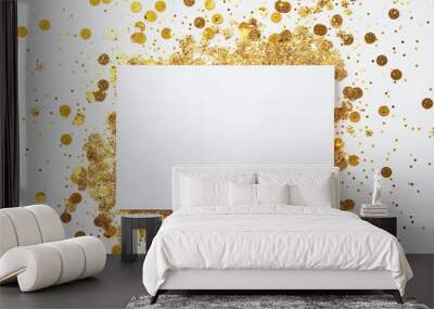 White empty greeting card over scattered golden sequins, glitter and confetti isolated on white background with blank space. Flat lay, top view with copy space. Mockup template. Wall mural