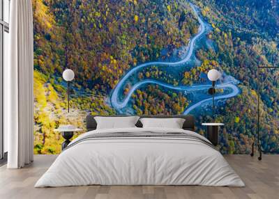 Winding road in the mountains, autumn forest view from a drone Wall mural