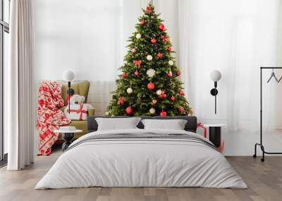 Christmas tree pine with gift decoration decor balls garlands new year interior Wall mural