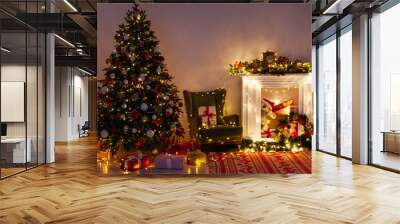 Christmas tree pine with gifts light garlands interior decor new year Wall mural