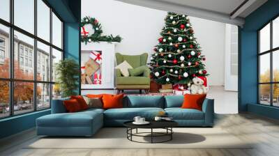 Christmas tree with fireplace presents interior decor house new year Wall mural