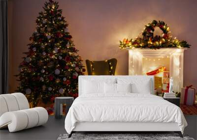 Night lights garland Christmas tree with gifts decor interior new year Wall mural