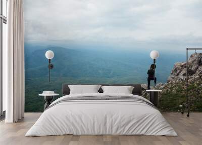 woman traveler looks at the beautiful landscape from the top of the mountain Wall mural