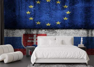 two flags on a cracked wall, the European Union and Slovakia Wall mural