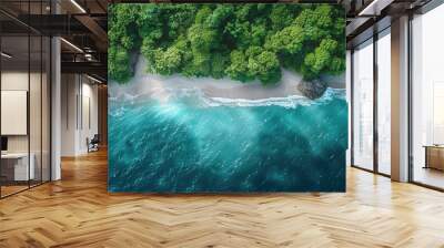 A beautiful blue ocean with a sandy beach and lush green trees in the background Wall mural