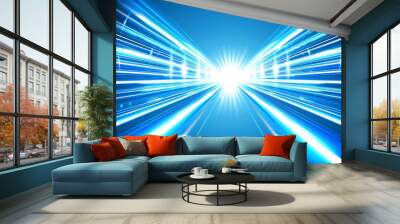 A blue and white image of a road with a bright light shining through the sky Wall mural