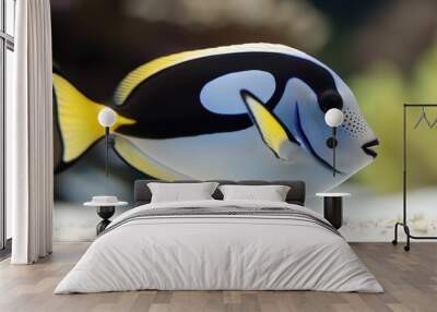 A blue fish with yellow fins is looking at the camera Wall mural