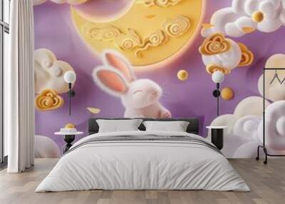 A cartoon of two rabbits sitting on a moon Wall mural