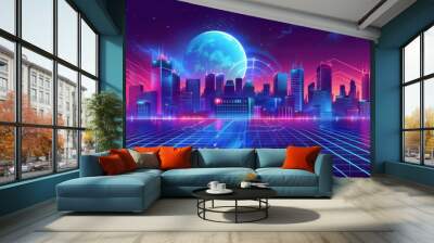 A cityscape with a glowing sun in the background Wall mural