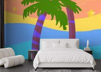 A colorful tropical scene with three palm trees and a blue wave Wall mural