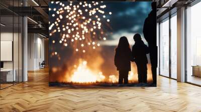 A family marvels at colorful fireworks lighting up the night sky, surrounded by a warm bonfire glow Wall mural