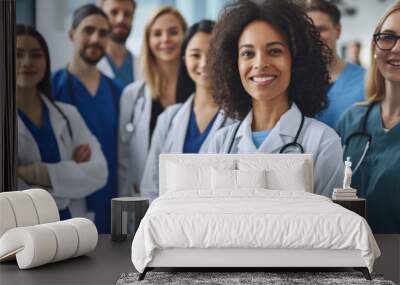 A group portrait of diverse healthcare professionals, including doctors, nurses, and medical staff, public health Wall mural