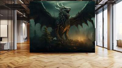 a huge mystical monster with a lion's head, horns and wings in a dark forest, poster, preview Wall mural