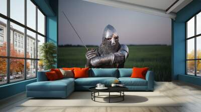 A knight in the armor and helmet with the sword battles on the battlefield concept. Wall mural