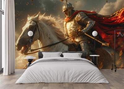 A knight on a white horse is riding through a stormy sky Wall mural