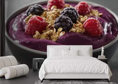 A lively composition displays a creamy purple smoothie beautifully arranged in a white bowl. Wall mural