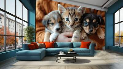 A man in an orange sweater holds an adorable tabby kitten with blue eyes and two cute puppies, banner Wall mural