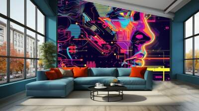 A modern illustration for a techno and trance album cover, The design incorporates elements of human technology and futuristic aesthetics Wall mural