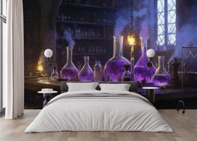 A room with two purple vials of liquid on a table Wall mural