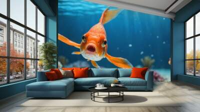 A single goldfish swims in a clear blue aquarium Wall mural