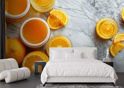 A table with a lot of oranges and glasses of orange juice Wall mural