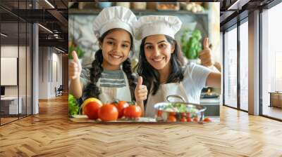 A woman and a child are smiling and giving thumbs up in a kitchen Wall mural