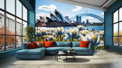 beautiful spring meadow flower of white and blue color, australia day, banner Wall mural