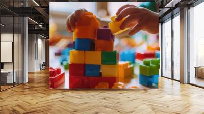 child hands playing with colorful building blocks, kid building tower with plastic blocks at home or kindergarten Wall mural