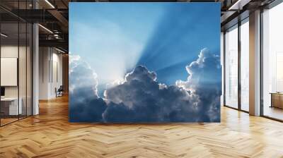 Sunbeams through a dark cumulus cloud in a blue sky Wall mural