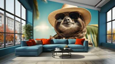 Envision a debonair sloth in a tailored linen suit, accessorized with a Panama hat and a cigar. Wall mural